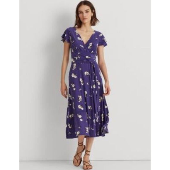 Lauren Ralph Lauren Black Label Floral Flutter Sleeve Jersey Dress Size 10 - Picture 1 of 14